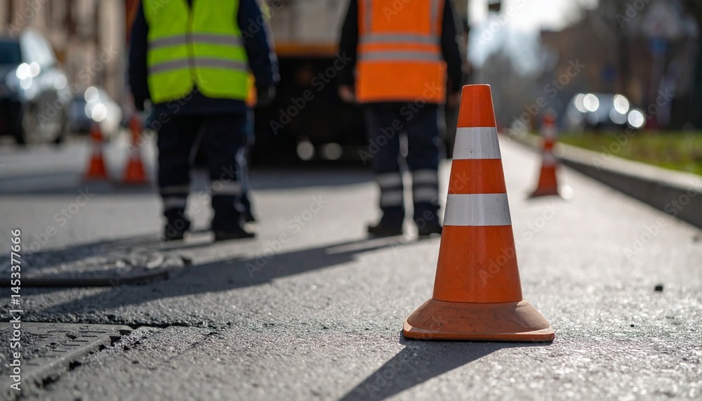 © photostockatinat - workers standing behind a traffic cone on road during daylight. Their high visibility vests are visible, and a damaged road surface is in the foreground, indicating construction or repair work © photostockatinat - workers standing behind a traffic cone on road during daylight. Their high visibility vests are visible, and a damaged road surface is in the foreground, indicating construction or repair work