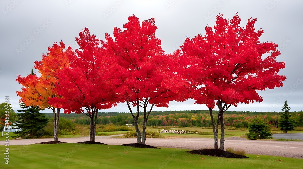 Vibrant Red Maple Trees Autumn Landscape. Vibrant Red Maple Trees Autumn Landscape.
