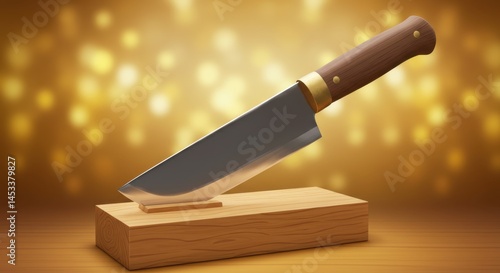 Sharp Kitchen Knife on Wooden Block Against a Golden Bokeh Background: A Culinary Masterpiece