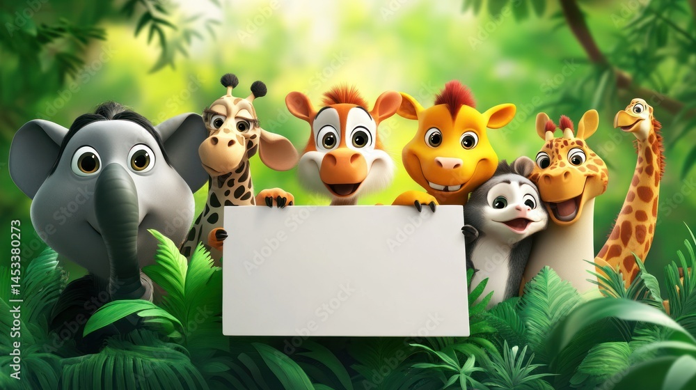 Fototapeta premium Cute jungle animals holding blank sign (2)