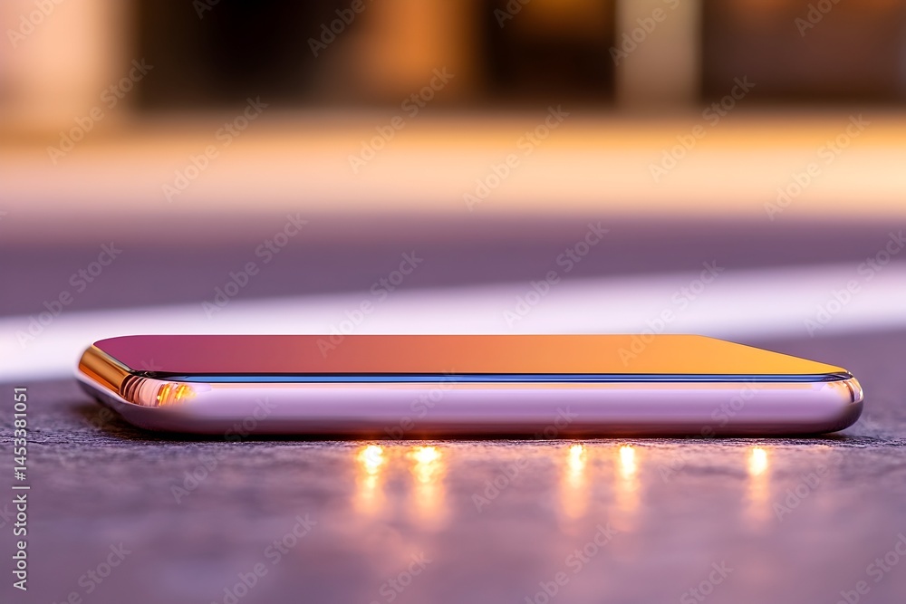 Sleek device rests on surface reflecting sunset hues Soft light glows beneath Sleek device rests on surface reflecting sunset hues Soft light glows beneath