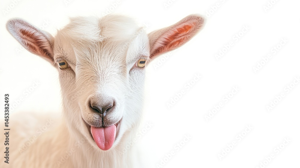 Fototapeta premium A Playful White Goat Sticking Out Its Tongue