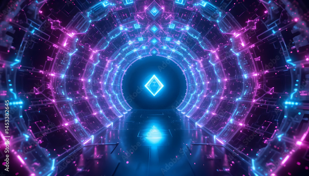 Fototapeta premium Abstract Neon Tunnel Futuristic Pink and Blue Energy Corridor, Glowing Lights, Symmetrical Design, 3D Render