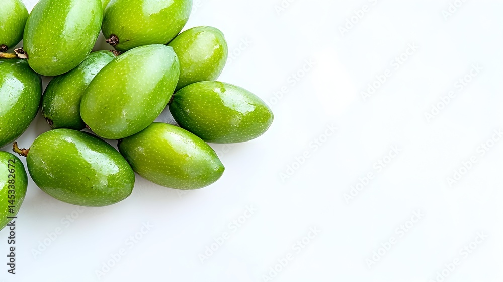Obraz premium A cluster of glossy, green fruits rests on a white background, leaving ample empty space