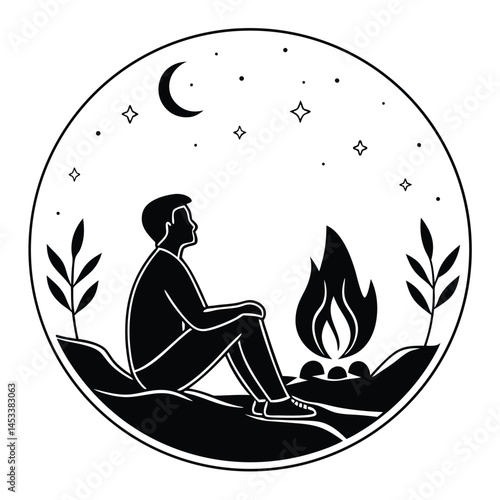 Silhouette of Man Contemplating Campfire Under Night Sky