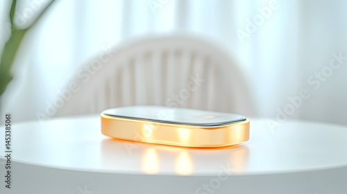Gold device rests on white table blurred background