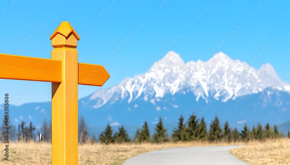 Orange wooden signpost points towards a path with a snow-capped mountain range in the background under a clear blue sky Orange wooden signpost points towards a path with a snow-capped mountain range in the background under a clear blue sky