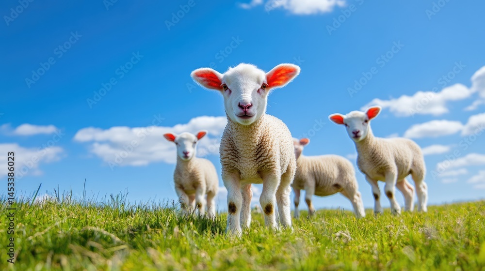 Obraz premium Curious Lambs in a Spring Meadow