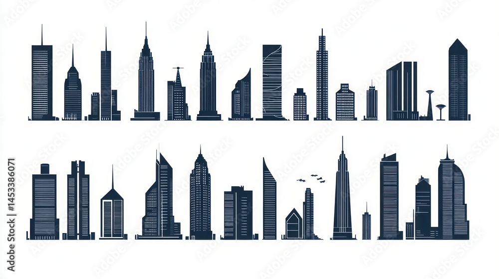 Obraz premium Cityscape skyline silhouettes, urban architecture, buildings, illustration, website design