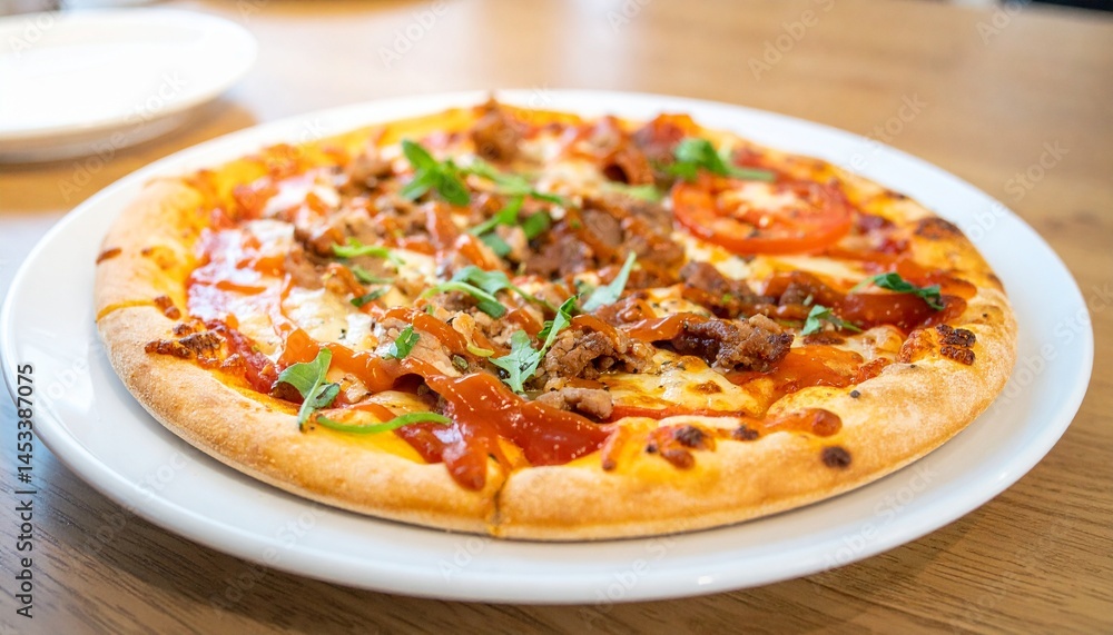 Italian Pizza on plate with meet toping and tomato sauce in the top table Italian Pizza on plate with meet toping and tomato sauce in the top table