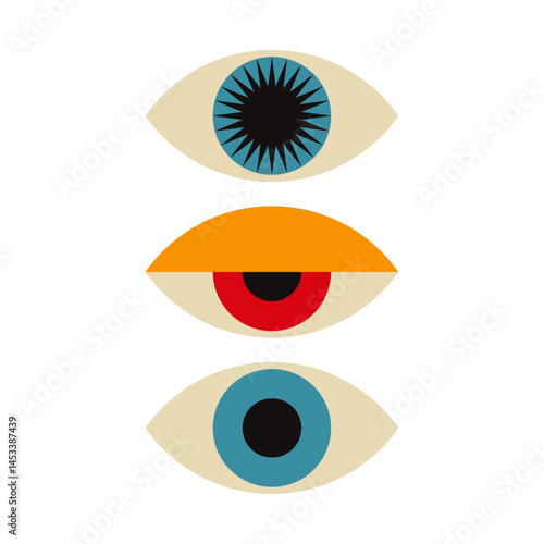 Three geometric eyes in Bauhaus style, abstract minimalist art in primary colors