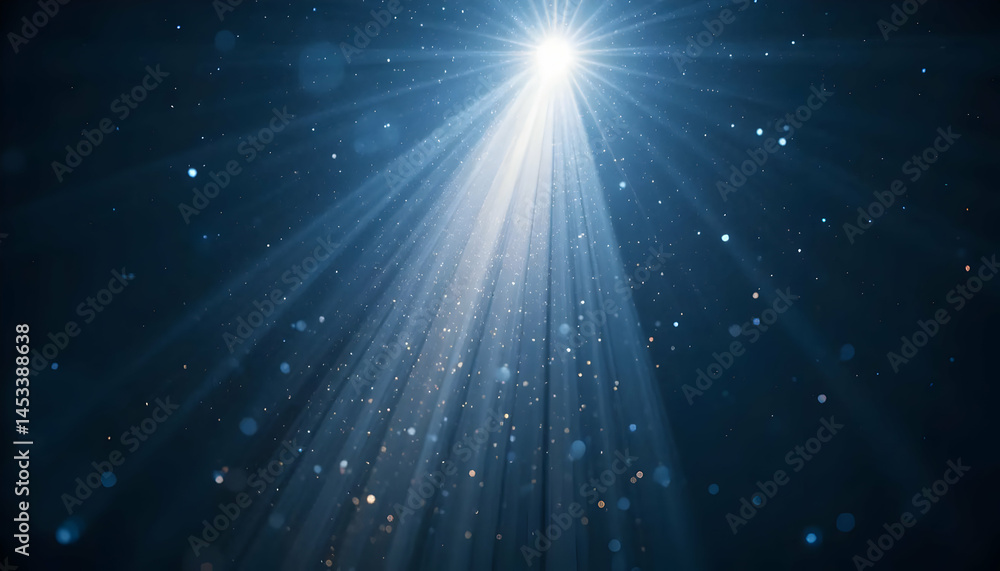 Radiant Light Beam Dramatic Spotlight Effect, Glowing Rays, Dark Blue Background, Sparkling Dust Motes, Celestial Illumination Radiant Light Beam Dramatic Spotlight Effect, Glowing Rays, Dark Blue Background, Sparkling Dust Motes, Celestial Illumination