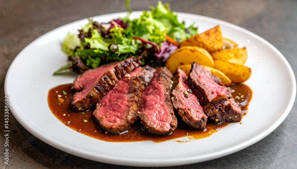 Wagyu steak and roasted potato Salad with medium rare Wagyu steak and roasted potato Salad with medium rare