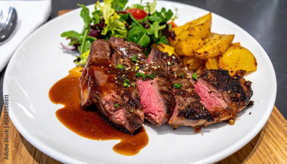 Wagyu steak and roasted potato Salad with medium rare Wagyu steak and roasted potato Salad with medium rare