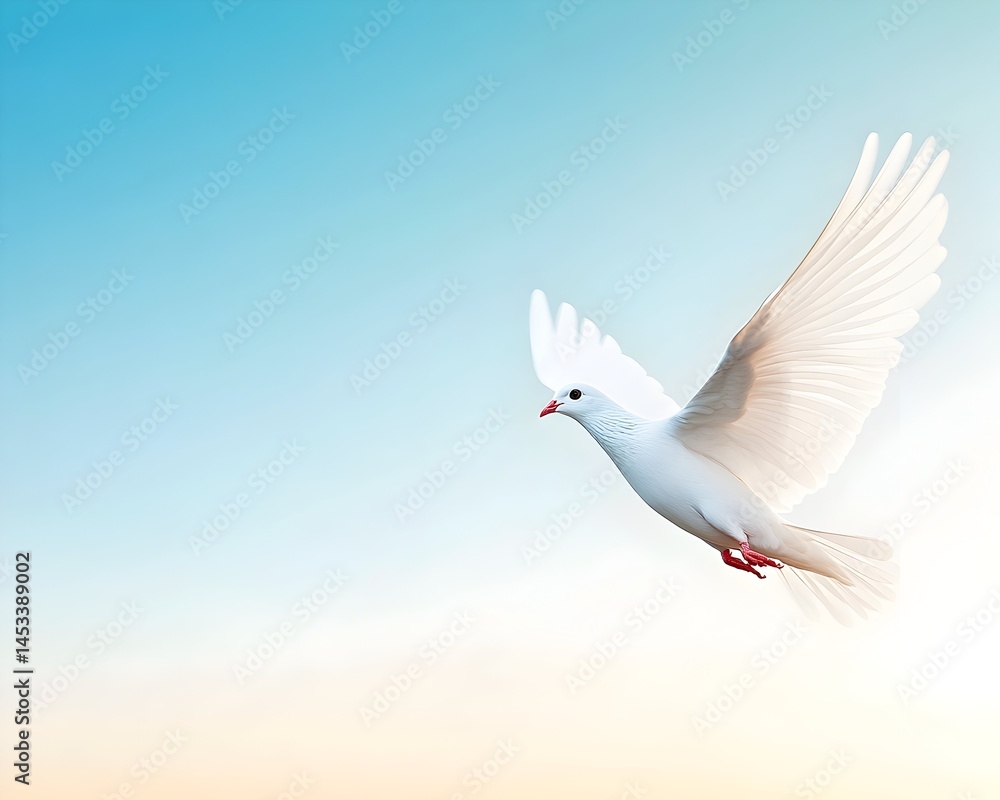 Fototapeta premium A white dove in flight against a serene blue and orange sky. Its wings are outstretched, feathers luminous