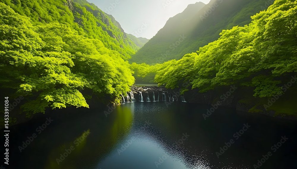 Fototapeta premium Lush green foliage flanks a tranquil pool fed by a cascading waterfall nestled within a verdant mountain valley Sunligh