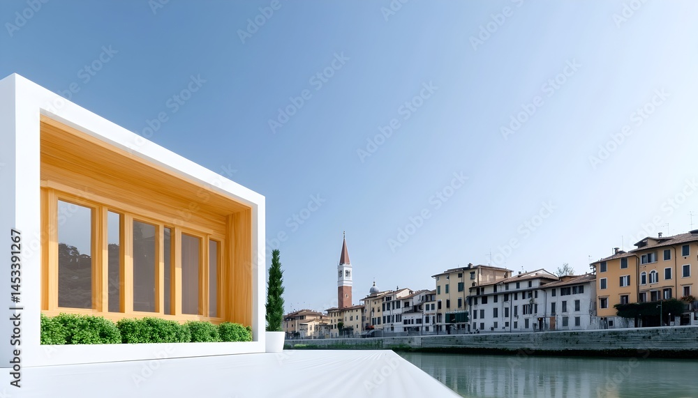 Fototapeta premium Modern minimalist structure with wood accents situated by a river overlooks a historic cityscape under a clear sky