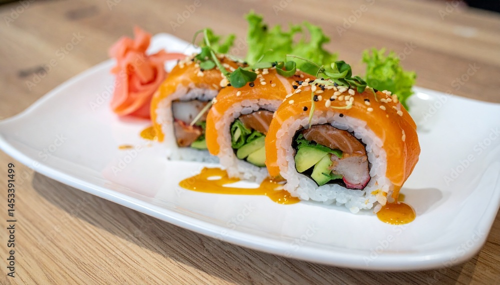 Sushi roll slice on plate with simple garnish Sushi roll slice on plate with simple garnish