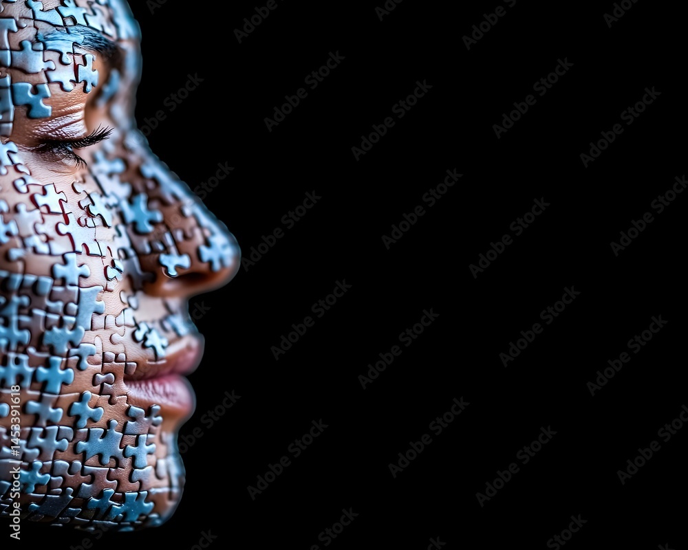 Profile of a face composed of puzzle pieces Eyes closed peaceful expression Profile of a face composed of puzzle pieces Eyes closed peaceful expression