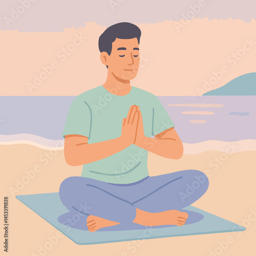 Minimalist Illustration of Man Practicing Yoga on Beach at Sunrise with Generative AI Touch