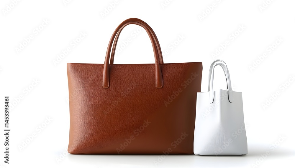 A brown and white leather tote bag set, one large and one small, shown against a white background A brown and white leather tote bag set, one large and one small, shown against a white background