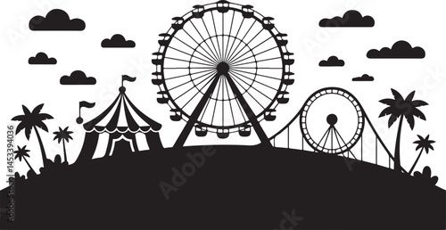 Vector Illustration of Amusement Park Silhouette 
 with Ferris Wheel, Roller Coaster, Tent, and Palm Trees for Fairground and Festival Design