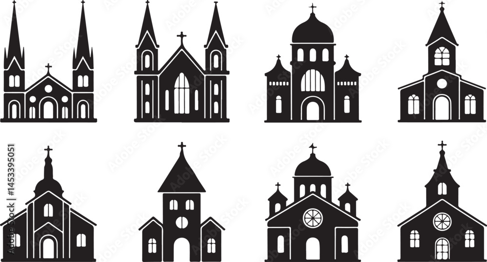 Fototapeta premium Church Building Silhouette Vector Collection in Black Featuring Steeples, Domes and Crosses for Religious Graphics, Christian Art and Worship Designs
