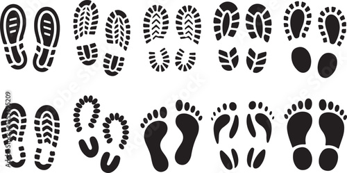 Footprint Silhouette Vector Collection in Black Featuring Shoe Prints, Barefoot Tracks and Boot Patterns for Trail Graphics, Signs and Tracking Icons