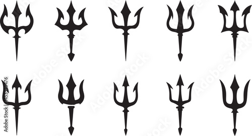 Trident Silhouette Vector Collection in Black Featuring Mythical and Fantasy Weapon Designs for Poseidon Symbols, Marine Art and Logo Illustrations