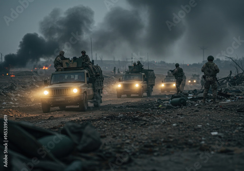Soldiers walk through rubble in Mogad, Iraq military base.
