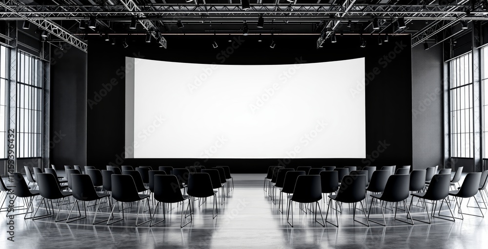 Empty conference room with rows of chairs facing a large blank screen, modern minimalist style, industrial interior background, concept of business mockup. Ai generative