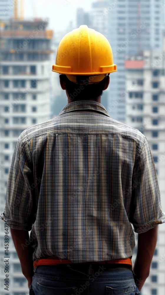 Worker in Yellow Hard Hat Overlooking City Construction Site with High Rise Buildings Worker in Yellow Hard Hat Overlooking City Construction Site with High Rise Buildings
