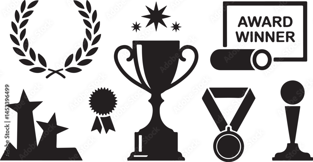 Award Silhouette Vector Collection in Black Featuring Trophies, Medals, Laurels and Certificates for Achievement Recognition and Honor Award Silhouette Vector Collection in Black Featuring Trophies, Medals, Laurels and Certificates for Achievement Recognition and Honor