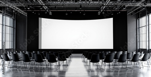 Obraz na płótnie Empty conference room with rows of chairs facing a large blank screen, modern minimalist style, industrial interior background, concept of business mockup. Ai generative w salonie