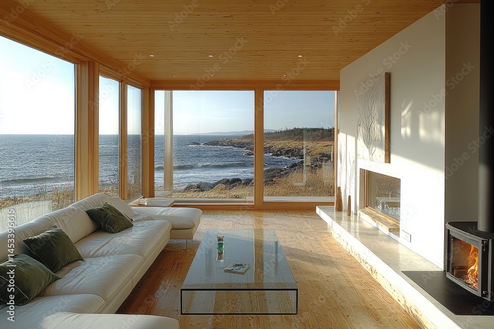 Obraz premium Coastal home interior design with expansive ocean views.