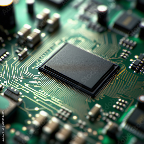 Macro shot of a sensor chip on a green circuit board