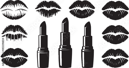 Lipstick and Kiss Silhouette Vector Collection in Black Featuring Lip Prints and Cosmetic Tubes for Beauty Branding, Makeup Art and Fashion Design Projects