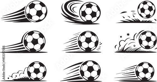 Soccer Ball in Motion Silhouette Vector Collection Featuring Speed Effects and Kicks for Football Logos, Sports Graphics and Dynamic Athletic Designs
