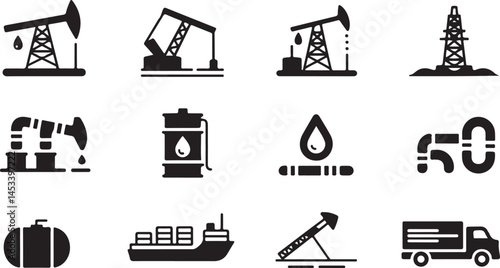 Oil Industry Silhouette Vector Collection in Black Featuring Pump Jacks, Pipelines, Tankers and Rigs for Energy Production and Industrial Design Projects