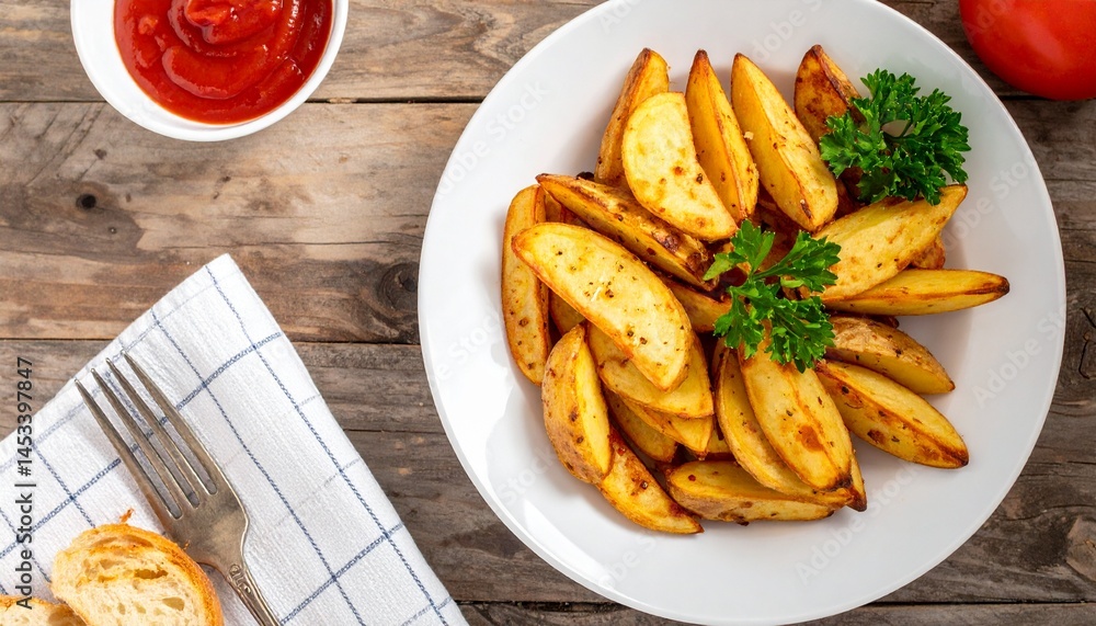 potato wedges on plate with Parsley and tomato sauce potato wedges on plate with Parsley and tomato sauce