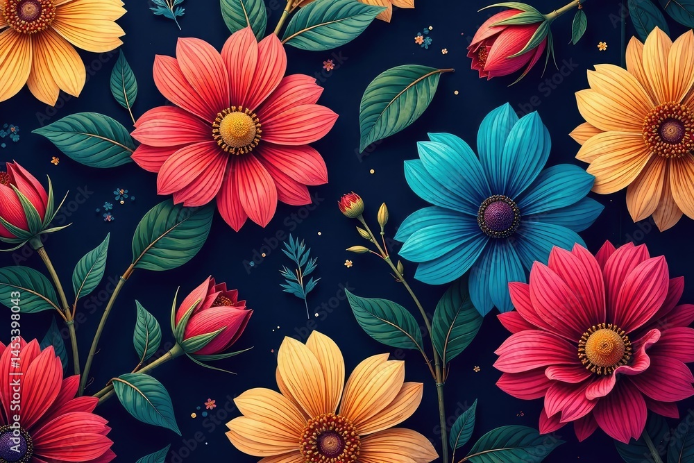 Bold, vibrant floral pattern in rich jewel tones, colors, surface, autumn Bold, vibrant floral pattern in rich jewel tones, colors, surface, autumn