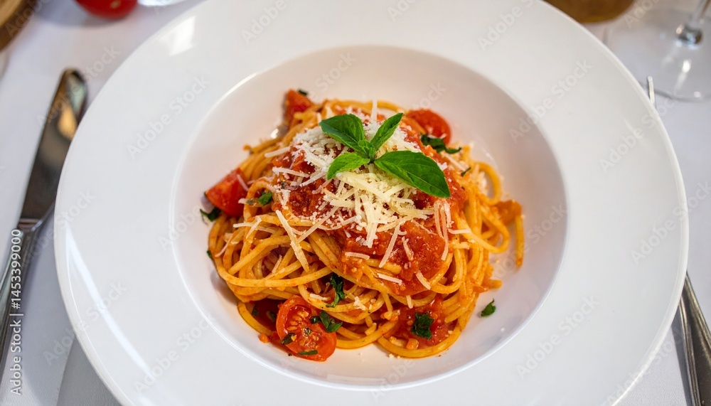 pasta with Bolognese sauce setting on plate at the top table pasta with Bolognese sauce setting on plate at the top table