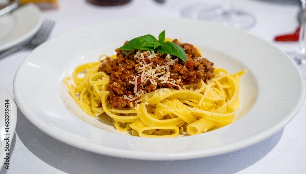 pasta with Bolognese sauce setting on plate at the top table pasta with Bolognese sauce setting on plate at the top table