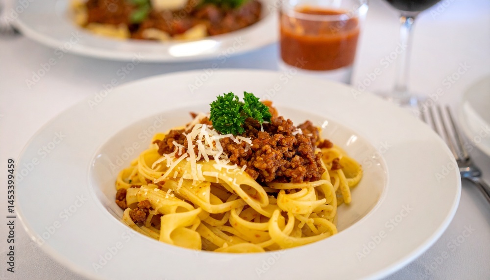 pasta with Bolognese sauce setting on plate at the top table pasta with Bolognese sauce setting on plate at the top table