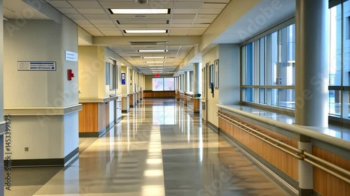 Hospital Hallway: A clean, well-lit hospital hallway, leading the eye towards the distant window, suggesting a sense of calm, safety and modern healthcare
