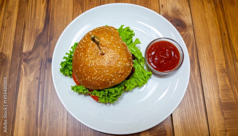 burger on plate with vegetable and tomato sauce at the top table burger on plate with vegetable and tomato sauce at the top table