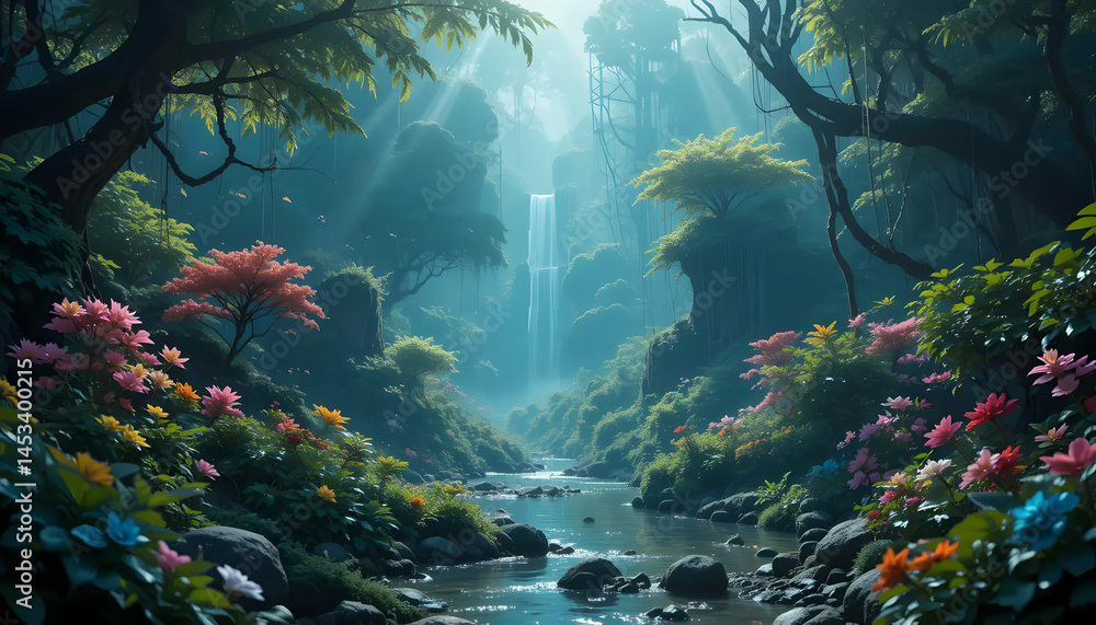 Fototapeta premium Enchanted Waterfall in Lush Tropical Rainforest A Digital Painting of a Serene and Magical Nature Scene
