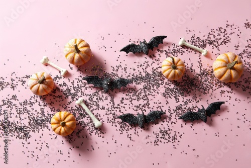 Very beautiful display, top view of small pumpkins, bones, bats, glitter and black confetti on pastel pink surface, perfect for greetings or advertising