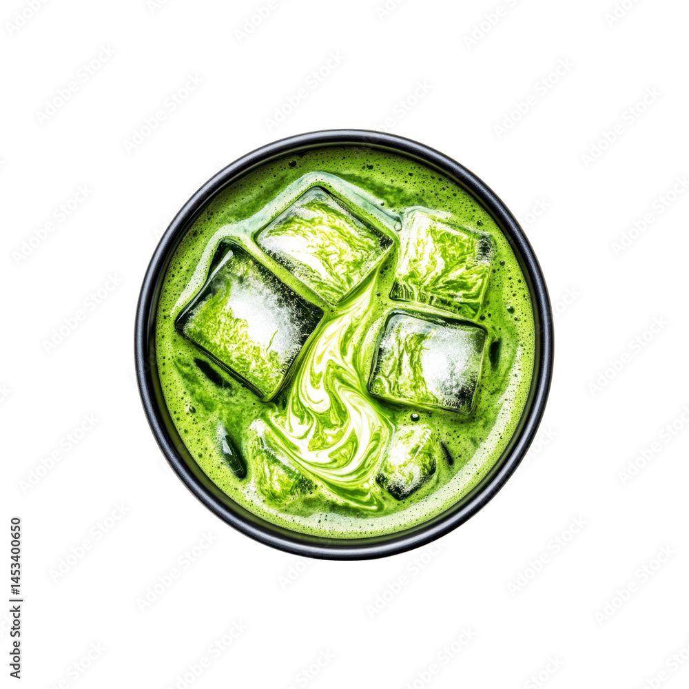 Obraz premium Iced Matcha Latte with Milk Swirl and Ice Cubes - Overhead View