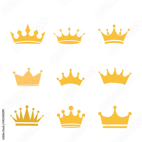 Collection of golden crowns in different styles for royal or luxury themes